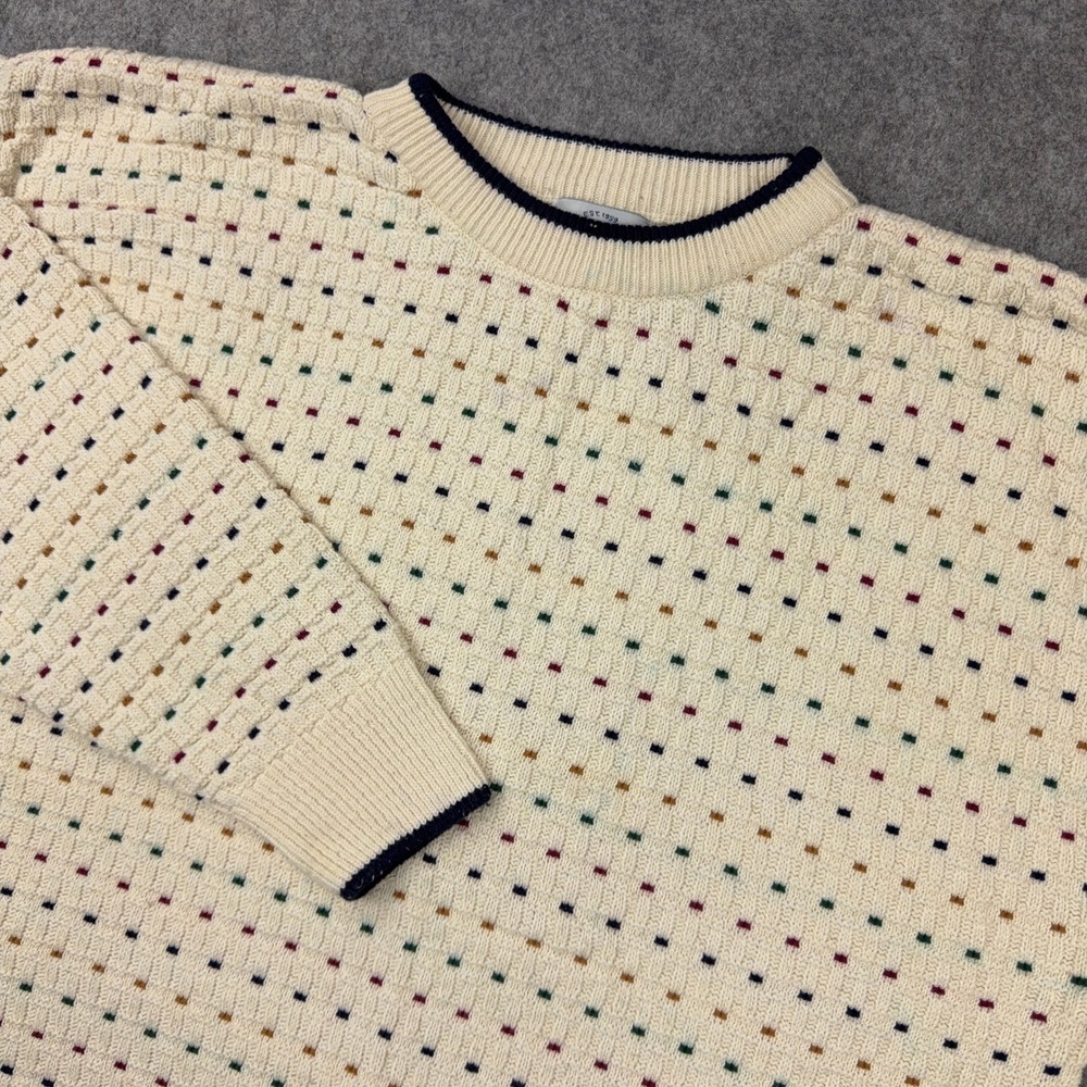 VTG 417 Van Heusen Sweater Mens Large Cream Multi Color Textured Knit Cotton 90s